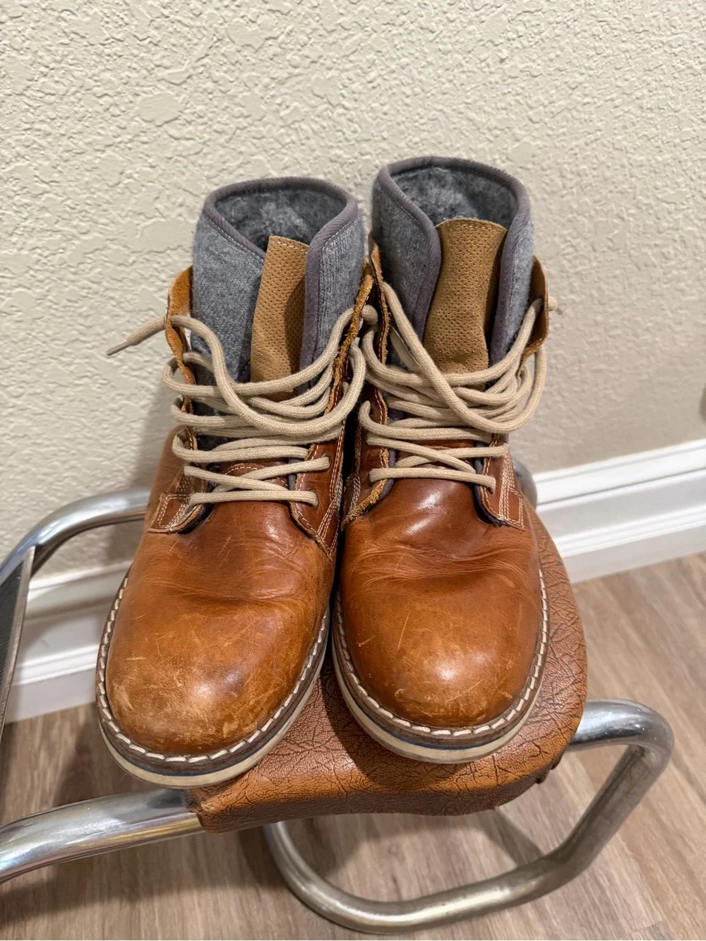 Aldo Tan Distressed Leather Chukka Boots with Gray Knit Collar